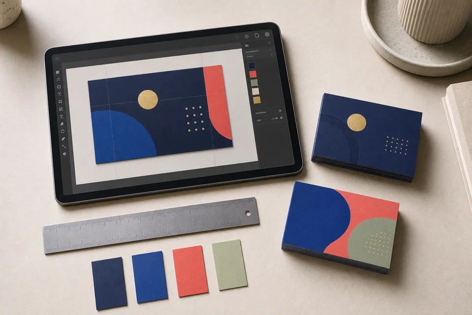 Business card design on a tablet beside finished printed cards