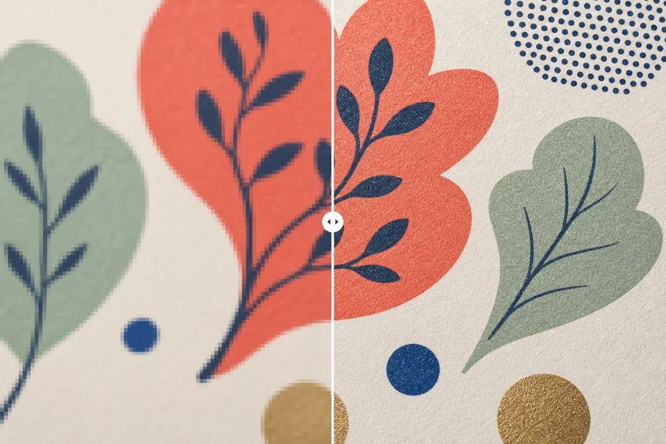 Pixelated artwork compared with a sharp high-resolution print
